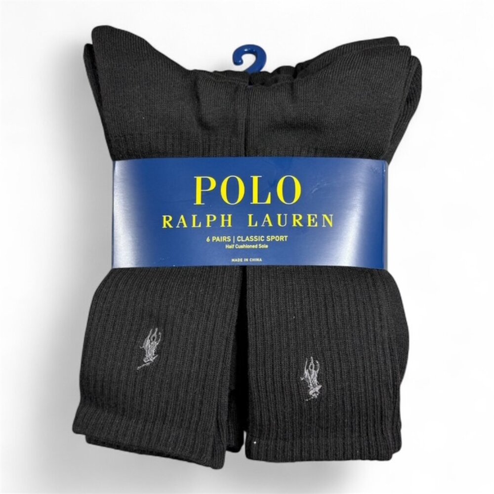 Polo Ralph Lauren Mens 6 Pairs-Classic Sport Half Cushioned Sole Black NWT NEW